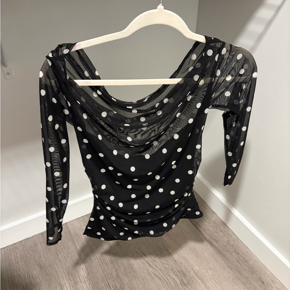 Abercrombie Black & White Polka Dot Mesh Draped Neck Long-Sleeve Top